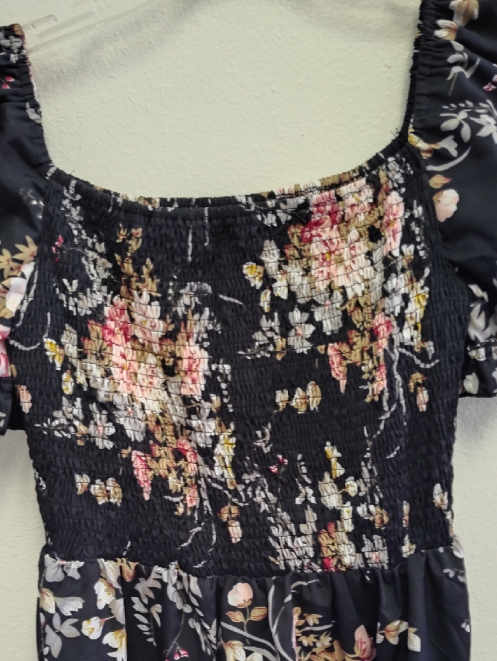 Floral Smocked Black Mini Dress - Picture 3 of 7